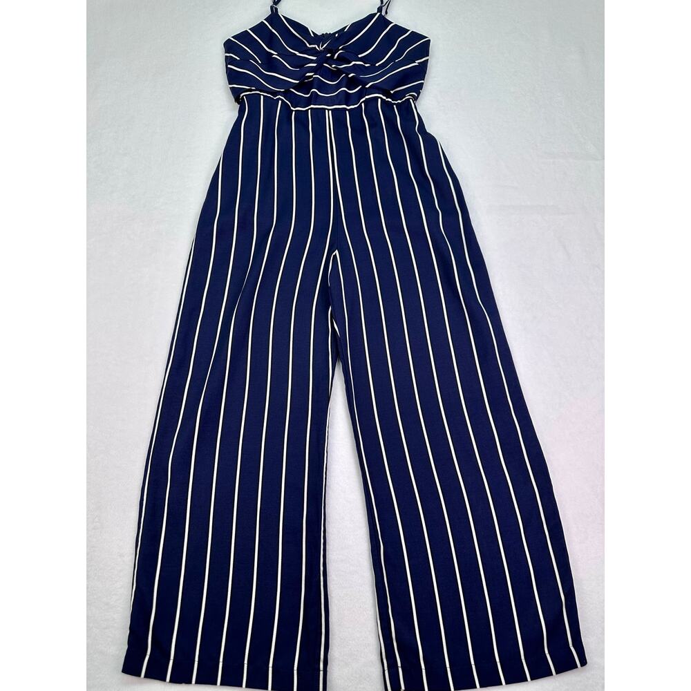 Bardot Layla Navy White Striped Tie Front Wide Leg Jumpsuit Pockets Size 6/Small - Picture 6 of 12